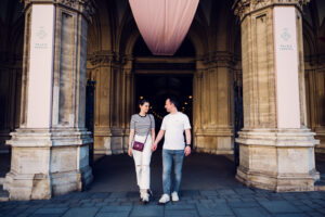 Adriana and Mario at the grand entrance of Ferstel Passage.