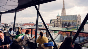 Lamee Rooftop Bar Vienna with panoramic view of St. Stephen's Cathedral.