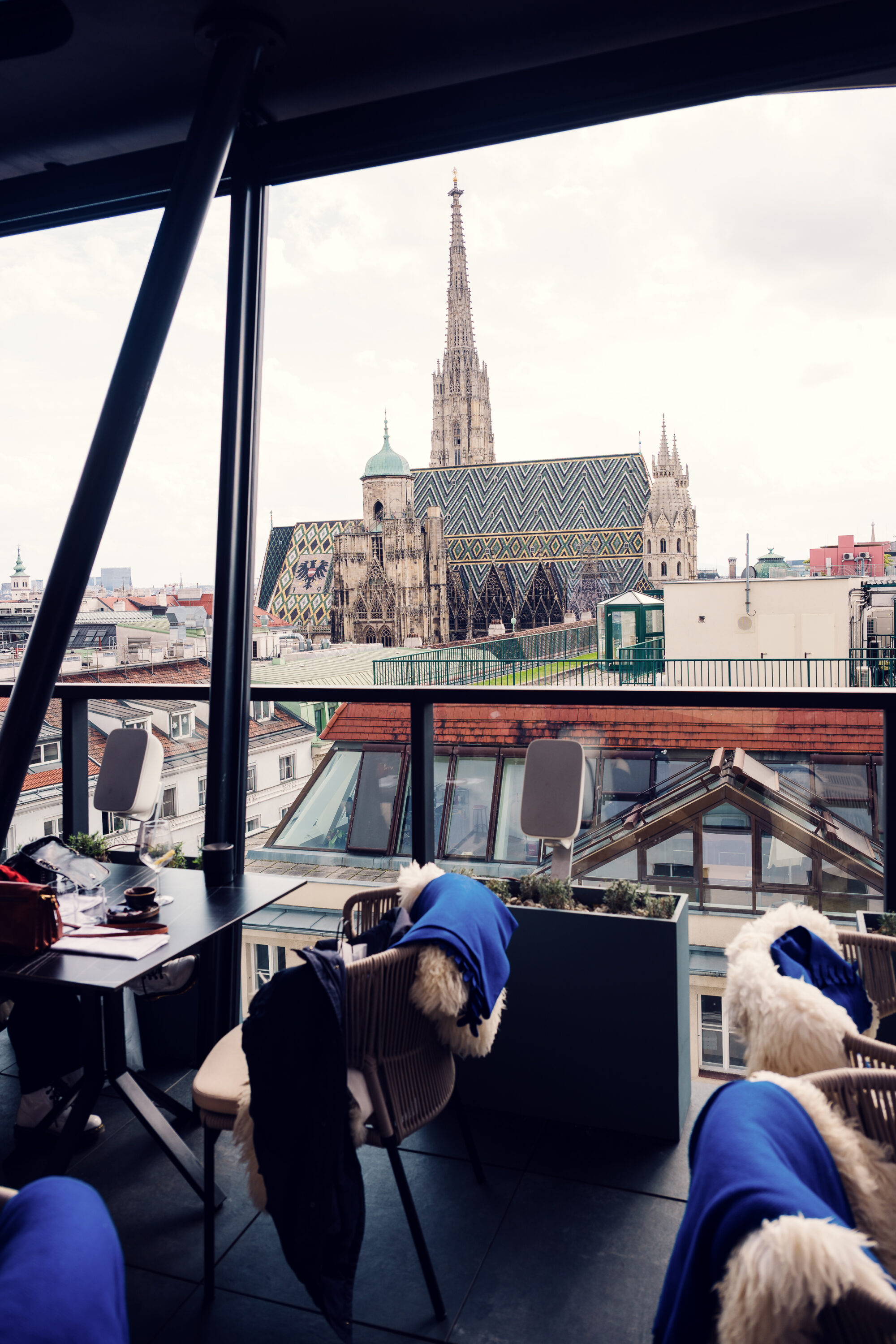 Photograph from Lamee Rooftop Bar capturing St. Stephen's Cathedral's Gothic architecture.