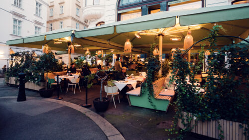 Outdoor terrace at Lugeck Figlmüller restaurant.