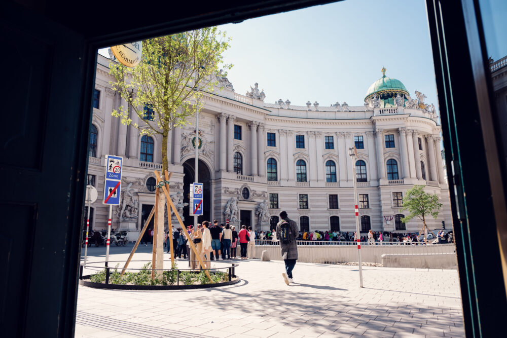 Michaelerplatz Vienna with the Roman excavation site in the foreground and the ornate Baroque facade of Hofburg Palace (Michaelertrakt) featuring its iconic dome and architectural details.