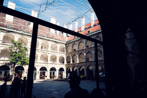 Spanish Riding School (Spanische Hofreitschule) Vienna, historic baroque equestrian hall with Lipizzaner horses in Hofburg Palace complex.