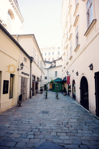 Vienna's Innere Stadt First District pedestrian zone with historic Baroque buildings and cobblestone streets.