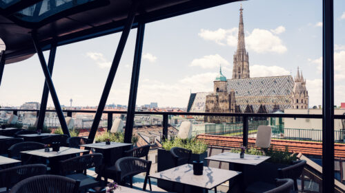 View of St. Stephen's Cathedral from the Lamée Rooftop Bar in Vienna.