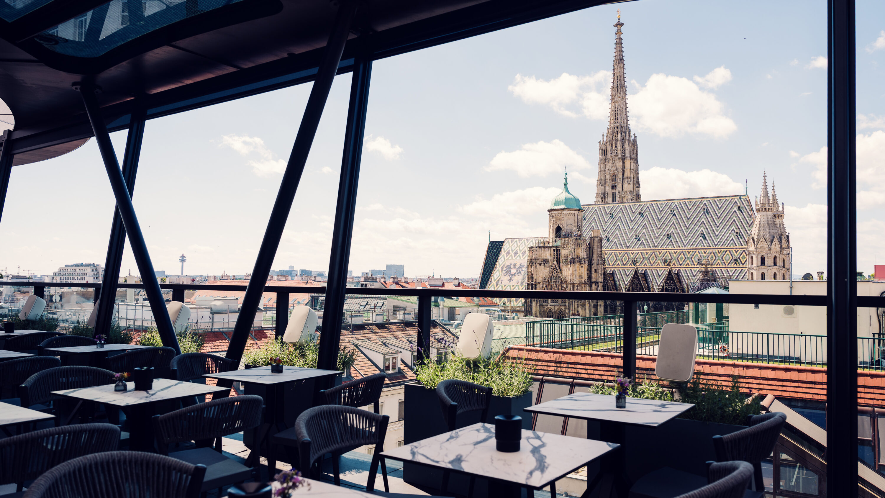 View of St. Stephen's Cathedral from the Lamée Rooftop Bar in Vienna.
