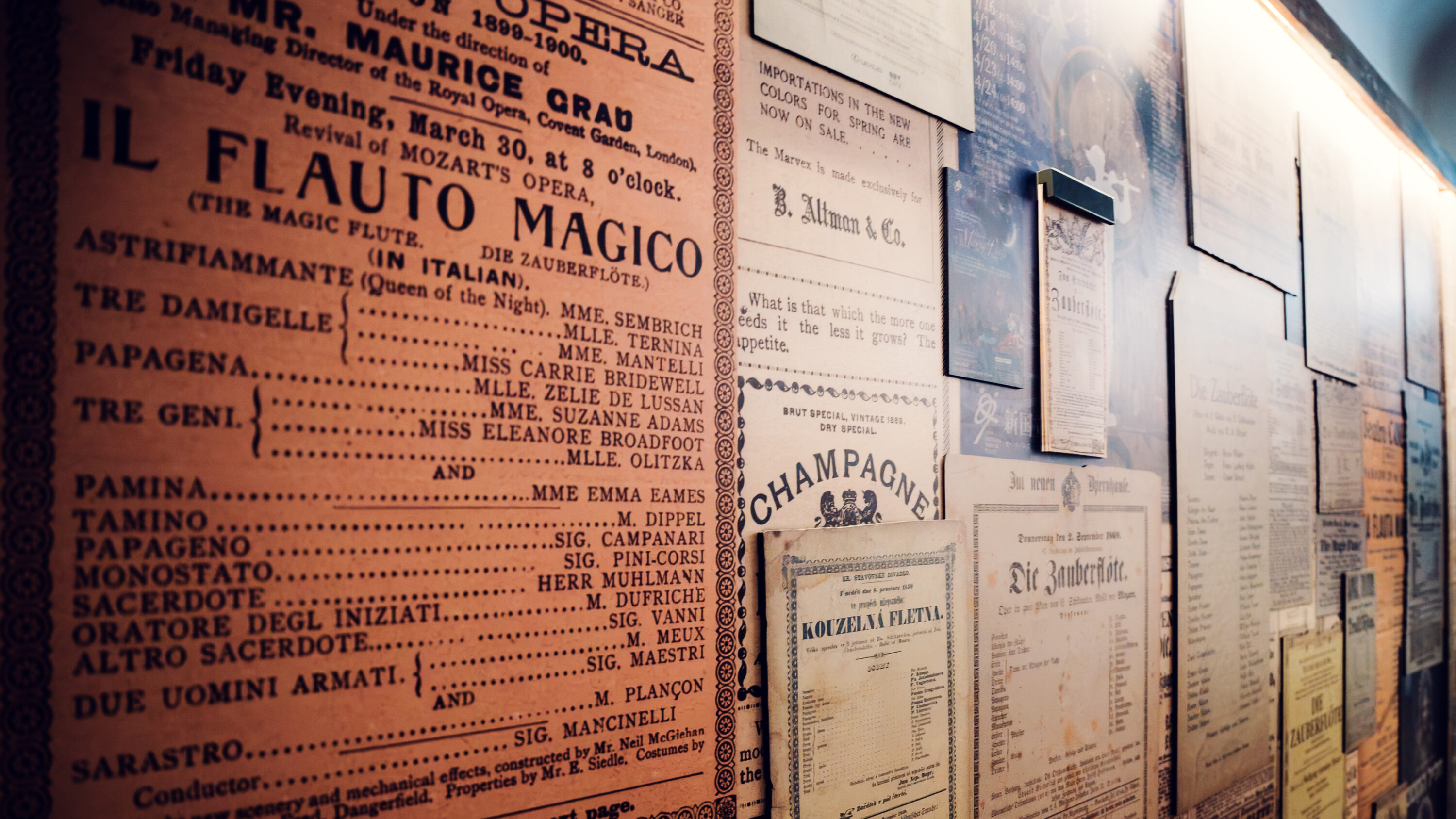 Historic opera playbills and concert programs on display at Mozarthaus.