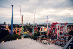 Panoramic view of Prater park and green landscape from Neni am Prater terrace.