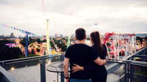 Scenic view of Vienna Prater district from elevated restaurant terrace at Neni am Prater.