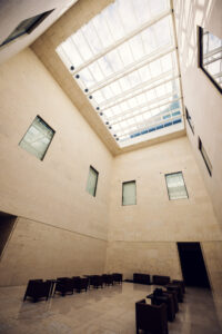 Interior view of the Leopold Museum’s minimalist architecture.