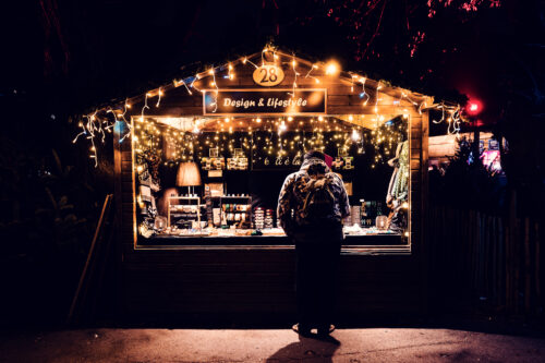 Christmas village market stalls in courtyard of Altes AKH (Old General Hospital).