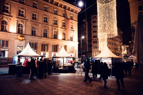 Altwiener Christkindlmarkt Christmas market stalls at Freyung square Vienna.