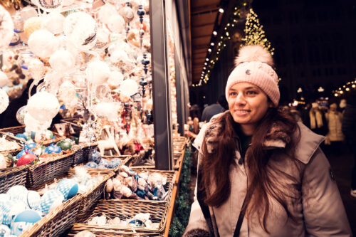 Adriana at art stall at Rathaus Christmas Market.