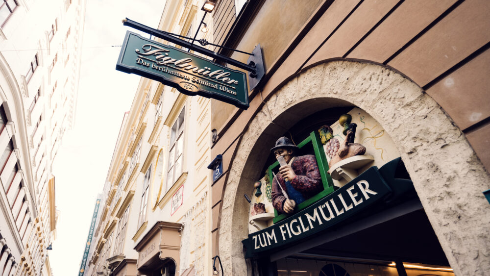 Figlmüller Wollzeile entrance with classic Viennese restaurant signage.
