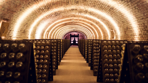 Brick-vaulted tunnel lined with riddling racks holding thousands of sparkling wine bottles at Schlumberger Kellerwelten.