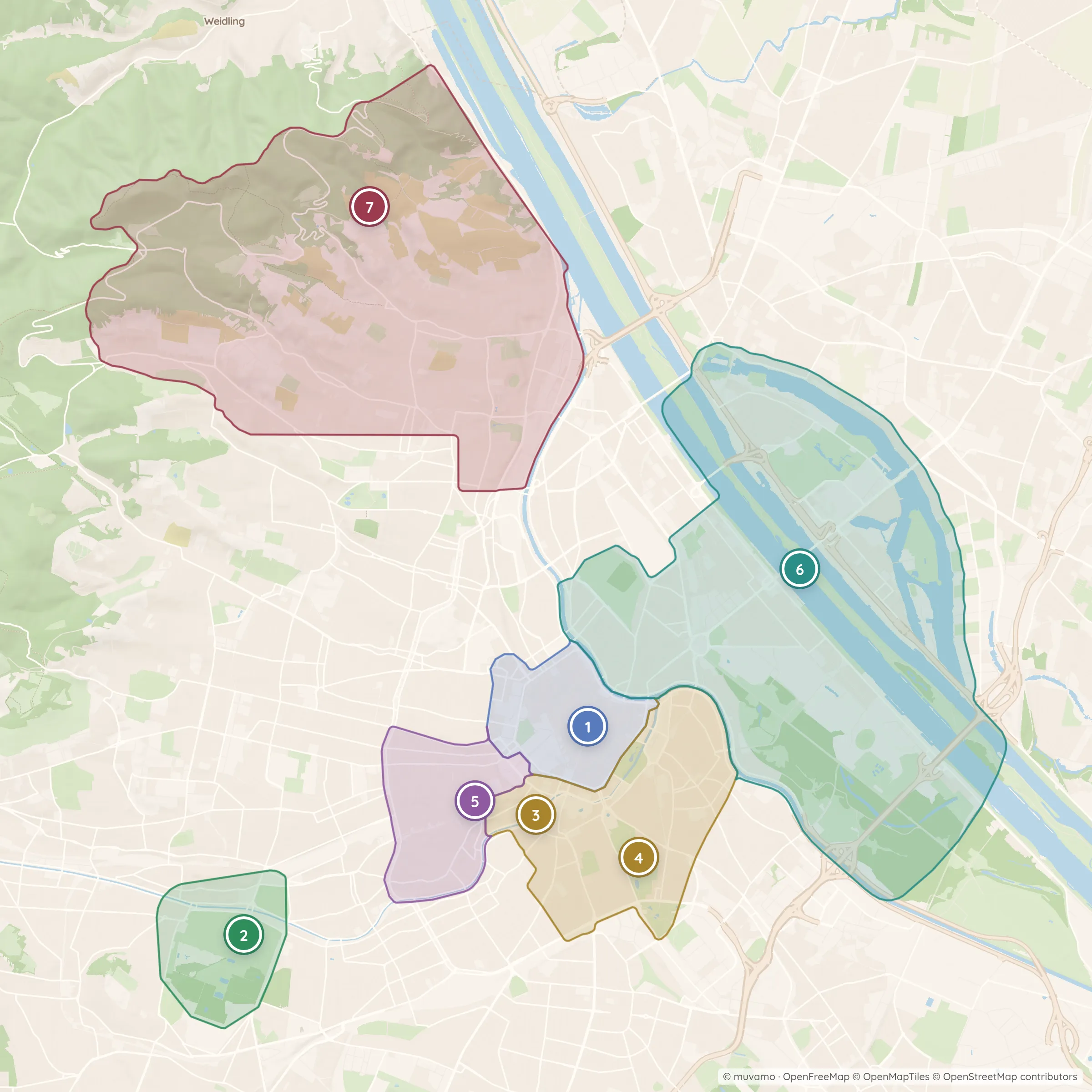 Karte der sieben Wien-Zonen mit nummerierten Markierungen, von Schönbrunn bis zu den Weinbergen.